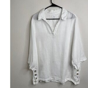 Sigrid Olsen 100% Linen White Popover Tunic Top Women's 1X Button Trim Lagenlook